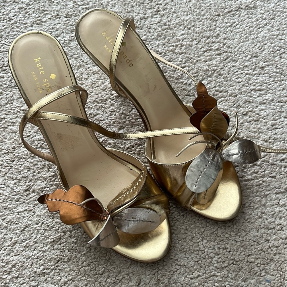 Kate Spade gold sandals/heels, Italian leather, flower cut outs, size 9